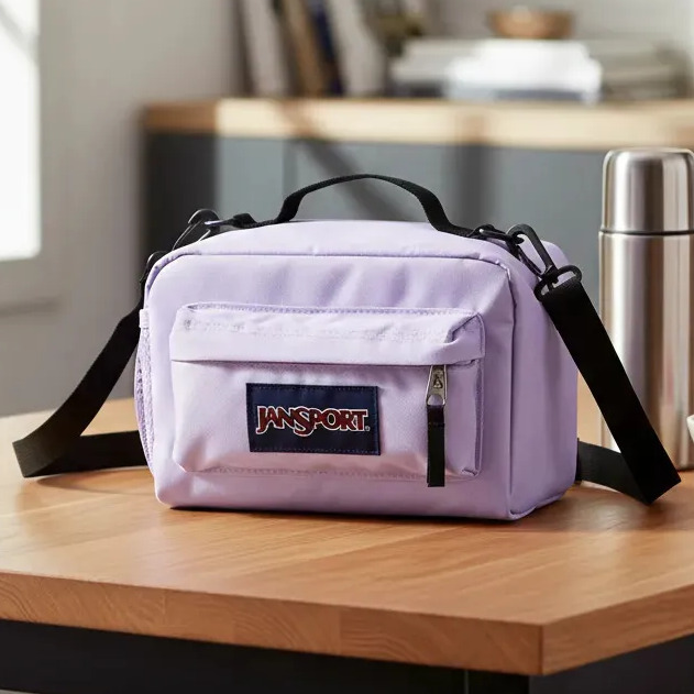 Lancheira Jansport The Carryout na cor lilás com alça preta sobre uma mesa de madeira ao lado de uma garrafa térmica