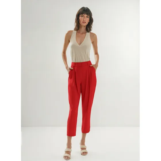 Calca Iódice Cenoura Cós Alto Com Pregas Vermelho