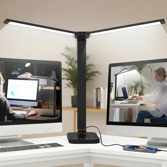 Luminária de Mesa LED de Dupla Cabeça para Estudo e Escritório com USB