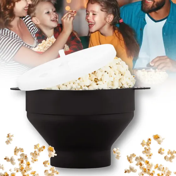 Palomera De Silicona Plegable Para Microondas Sin Aceite Micro Facil Palomitas Caseras Marthing Bowl Palomero Plegable De Silicon Facil De Usar Y Limpiar, Ideal Para Uso Domestico En Familia, Negro