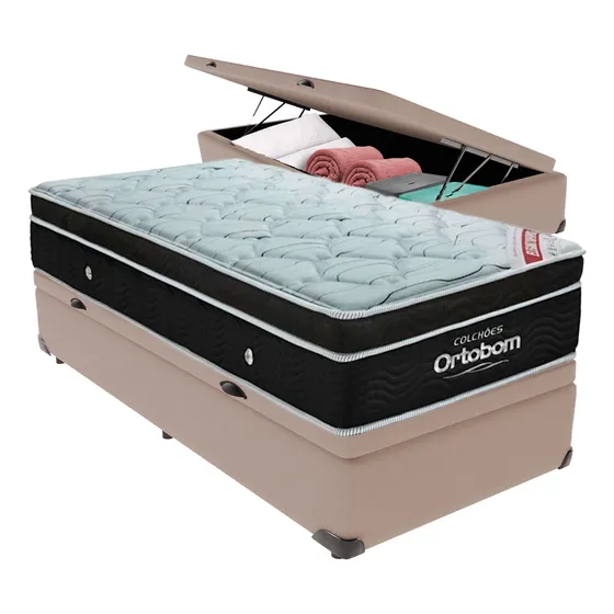 Cama Box Baú Solteiro Bege + Colchão Elegant Molas Ortobom