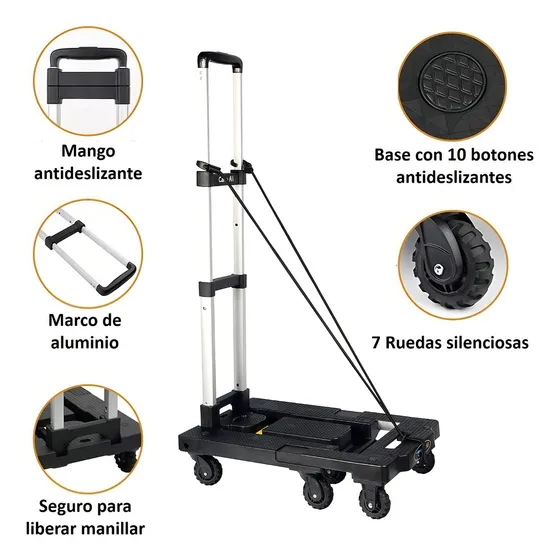 Carro de Carga Plegable Carry All® Apolo 150 Kilos Tipo Plataforma 7 Ruedas Cuerda Elástica