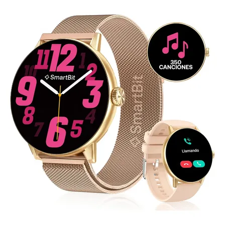 Reloj Inteligente Mujer Smartbit Music Rosa Mp3 +350 Canciones Conexion A Auriculares Bluetooth Mensajes Llamadas Aplicaciones Deportivo Salud Redondo Elegante Malla Extra