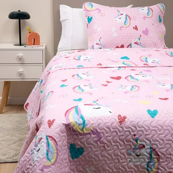 Cubrecama Cobertor Quilt Niña Niño +funda Almohada 1,5 Plaza Color Rosa Unicornio | Cuotas sin interés