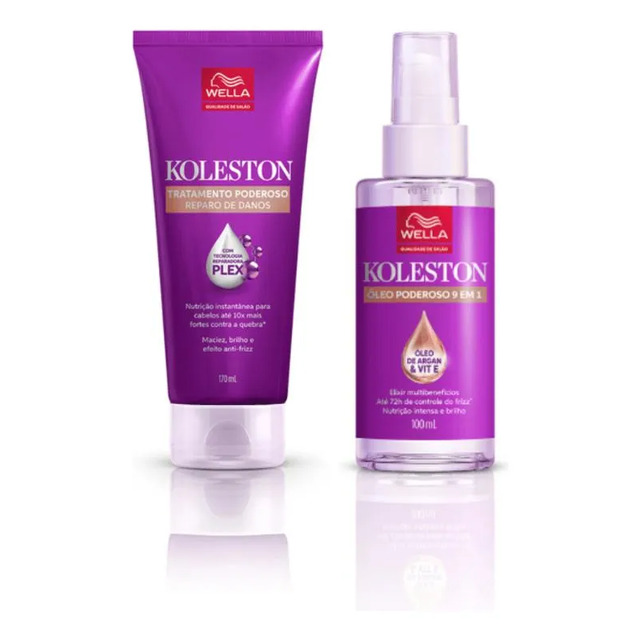 Kit composto por um tubo de Tratamento Poderoso Koleston de 170ml e um frasco de Óleo Poderoso 9 em 1 de 100ml com embalagens roxas