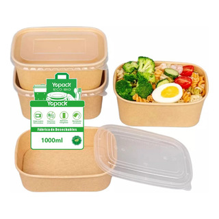 50 Rectángul Kraft Contenedores Biodegradables 1l /c Tapa 50 Rectángul Kraft Contenedores Biodegradables 1l /c Tapa