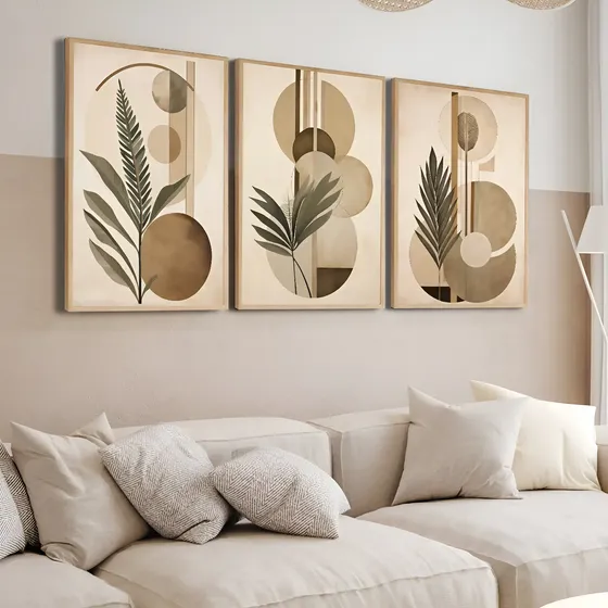 Quadros Decorativos Folhagem Abstrato Clean Bege Com Moldura