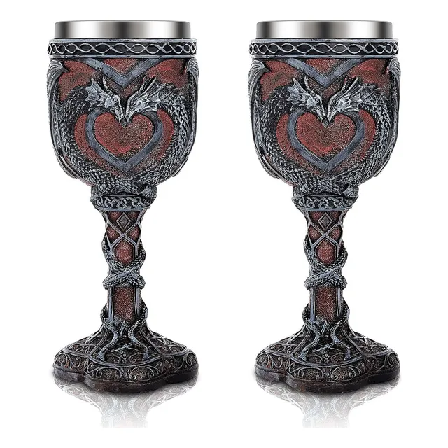 2 Copas Gotica Dragón Dos Cabezas Vino Acero Inoxidable 7oz