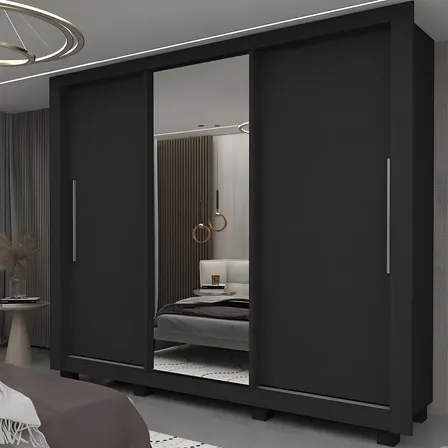 Guarda-roupa Casal Yescasa Milão 3 Portas Espelho Preto MDF 191x208x45cm YESCASA
