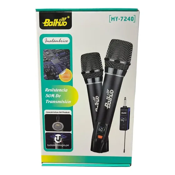 Micrófonos Dinámicos Inalámbricos Recargables Baihuo MY7240 Negro Karaoke | Cuotas sin interés