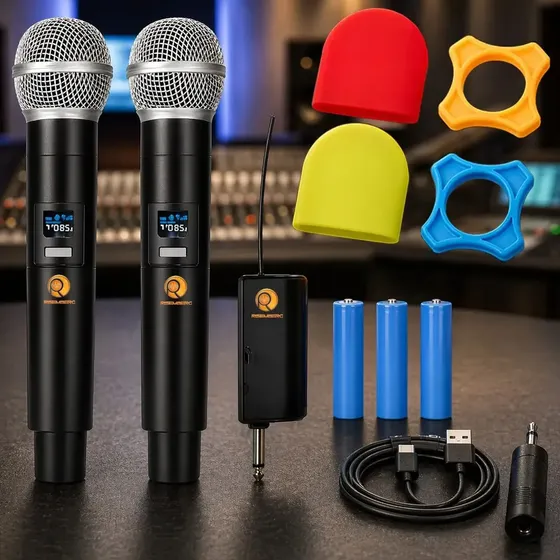 Kit 2 Microfones Sem Fio Dinâmico Duplo Recarregável Profissional Uhf Led Karaokê Palestras Shows Igrejas Apresentações Bar Cancelamento De Ruído Anti-larsen Bateria Cardioide Palco Reuniões Risemberg