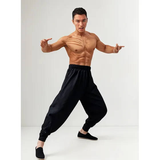 Pantalon Negro Gimnasia Kung Fu  Tai Chi Wushu Con Puños
