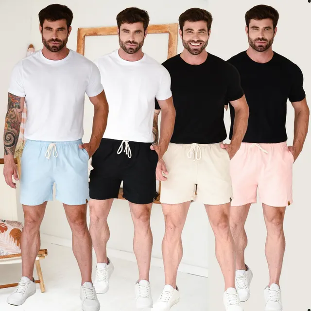Kit 4 Bermuda Short Masculino Linho Cordão Curto Slim