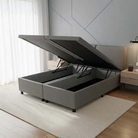 Base Box Baú Queen B&g 158x198 Courino Linho Cinza Pistão A Gás