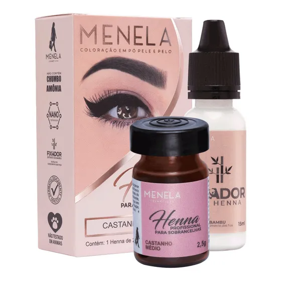 Henna Menela Profissional para Designer de Sobrancelhas Cor Castanho Médio 2,5g - Com Fixador e Nanotecnologia