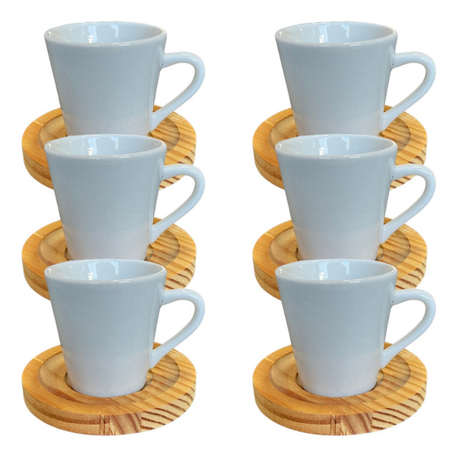 Jogo Xícaras Café Com Pires Madeira 12 Peças Porcelana 120ml Jogo Xícaras Café Com Pires Madeira 12 Peças Porcelana 120ml