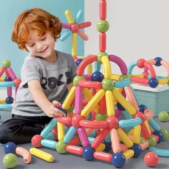 Blocos De Montar Magnéticos Hastes E Bolas 128 Peças-Brastoy | Brinquedo Educativo Construção 3D Com Ímãs STEM Para Crianças Menino Menina Presente Aniversário