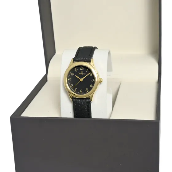 Relogio Feminino Dourado Pequeno Mini Pulseira Couro Preto Social
