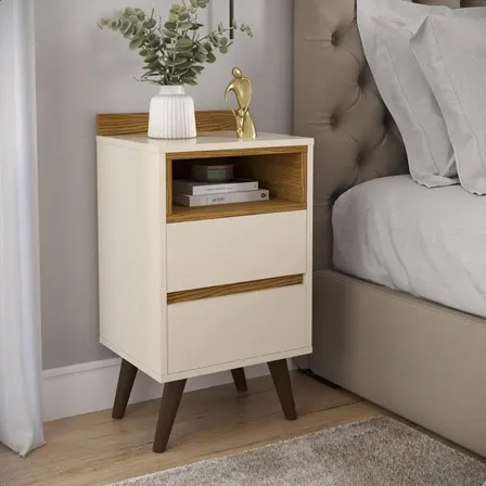 Mesa Cabeceira Criado Estilo Retro 2 Gavetas Quarto Moderno Brilhante Off White