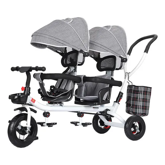 Triciclo Bicicleta Carriola Para Bebé En 1 Doble Asiento Con Toldo Ajustable Asiento Giratorio 360 Yuanxin Gris