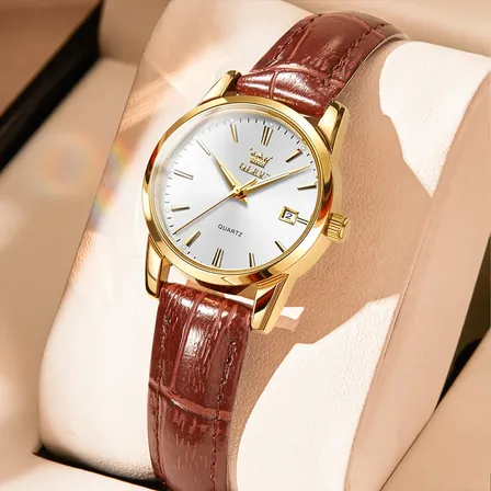 Olevs Relógio Feminino Original Couro Marrom Quartzo 6898 Marrom Dourado Branco