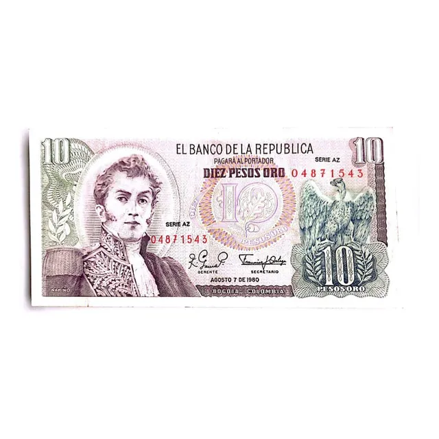 Billete 10 Pesos Oro Colombiano, Agosto 7 De 1980, Serie Az