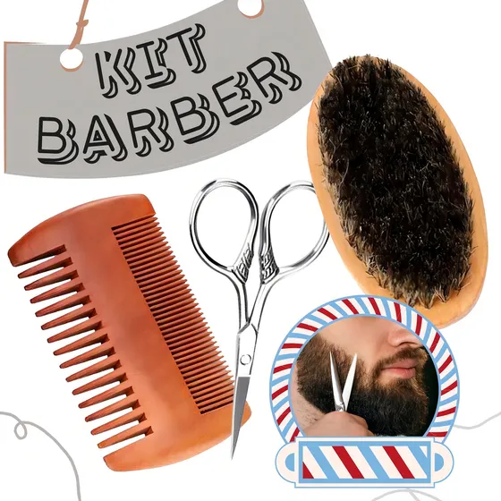 Kit Cuidado De Barba Y Bigote - Cepillo/ Peine / Tijeras F