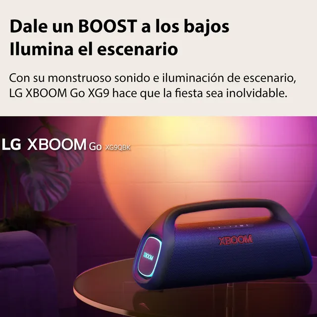 Bocina Bluetooth portátil LG XBoom Go XG9QBK Autonomía de la batería hasta 24 horas Certificación IP67 Light Studio Potencia de 80W