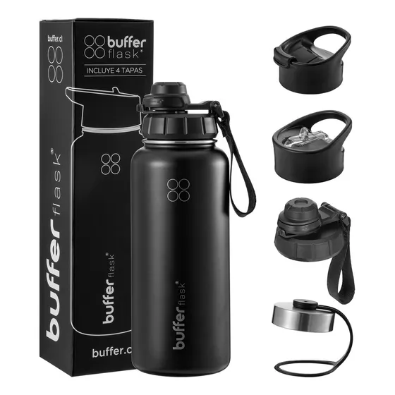 Termo Botella Agua Termica Inoxidable Buffer 32oz + 4 Tapas Color New Black