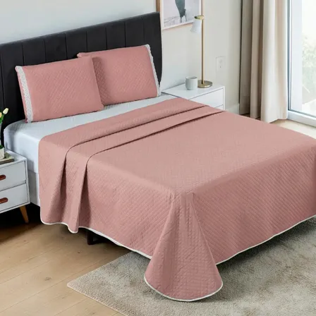 Cobre Leito Casal Queen 3 Peças Colcha Cama Kit Conforto Rosa Liso