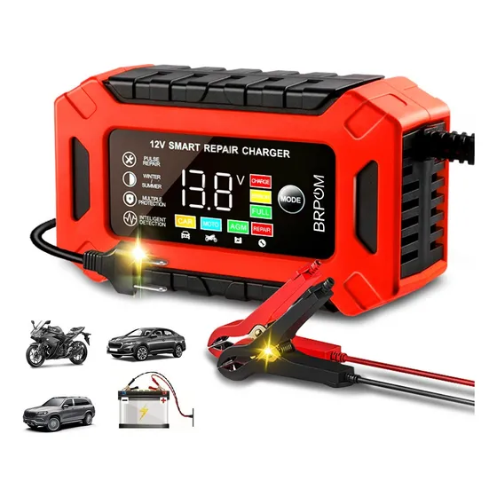 12v Cargador Rápido Inteligente Brpom Cargador Mantenedor Y Desulfatador De Batería Con Reparación De Pulso Para Automóvil Moto Camión Cortacésped Calcium Gel Agm Mf Sla Efb Vrla Baterías Rojo
