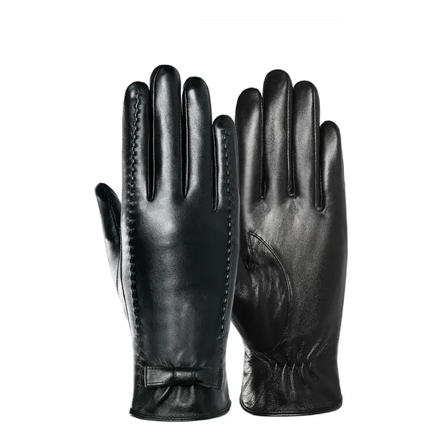 Guantes De Piel De Cabra Para Mujer,forro De Felpa, Negros