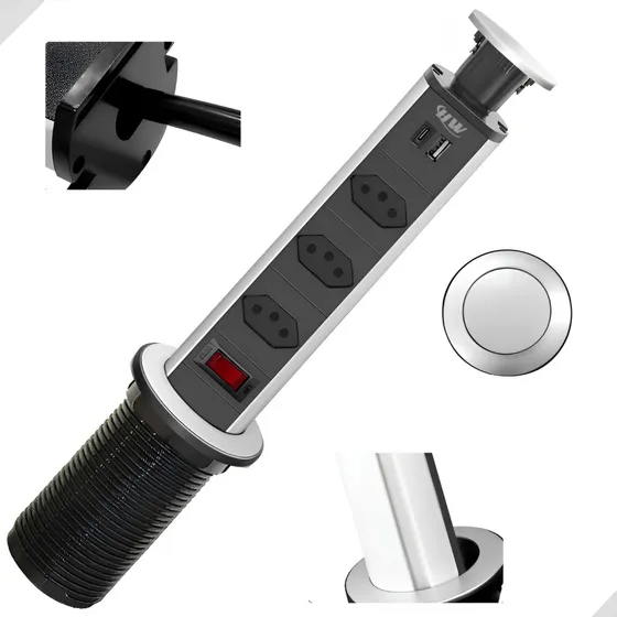 Torre de tomada HW Multiplug para embutir mesa granito retrátil cor prata