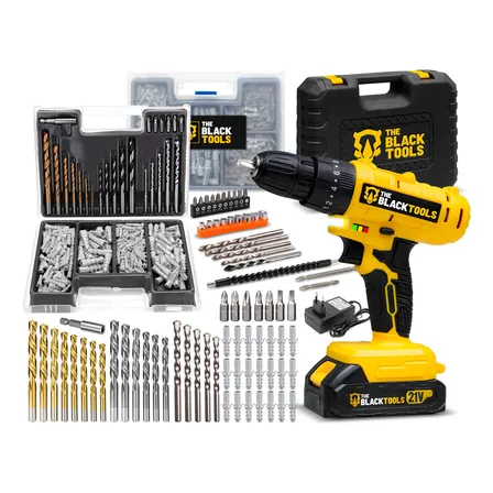 Parafusadeira E Furadeira Impacto Tb-21pz The Black Tools 2 Baterias 21v 3/8 Com Jogo De Brocas Bits E Buchas 300 Peças Amarelo/preto 127/220v 60hz