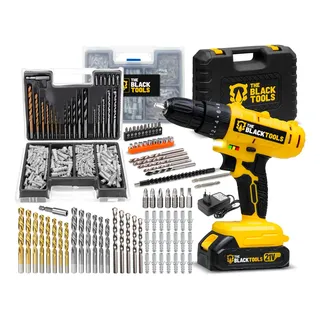 Parafusadeira E Furadeira Impacto Tb-21pz The Black Tools 2 Baterias 21v 3/8 Com Jogo De Brocas Bits E Buchas 300 Peças Amarelo/preto 127/220v 60hz