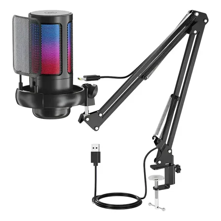 Microfone Gamer Pc Condensador Rgb Com Braço Articulado Pret Preto