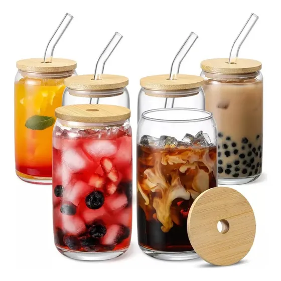6 Vasos Lata Vidrio Reutilizable Tapa Bambu + Bombilla 550ml Color Transparente