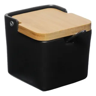 Saleiro Porcelana Preto Tampa De Bambu Com Colher Tempero Saleiro Porcelana Preto Tampa De Bambu Com Colher Tempero