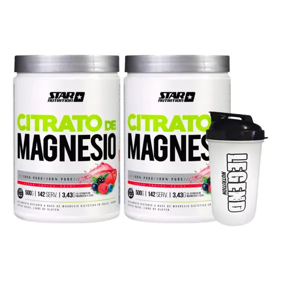 Citrato De Magnesio En Polvo 500g Star Nutrition Sabor Frutos Rojos Pack X2 + Vaso Legend