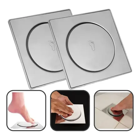 Kit 2 Ralos Inteligentes Click Dami Inox Cromado Pop Up Banheiro 10x10 Quadrado Veda Cheiro Anti Odor Inseto Barata Grelha Tampa Box Pia Lavabo Escoamento Piso Moderno Luxo Pratico Facil Instalacao