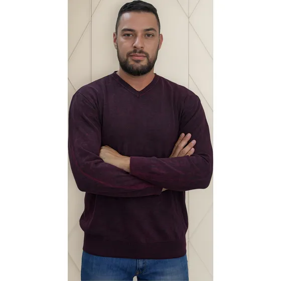 Blusa Suéter Masculino Algodão Lavagem Marmorizada Decote V