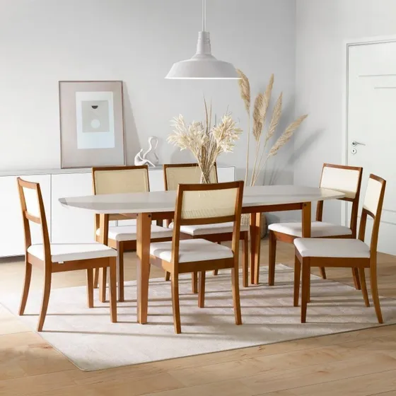 Conjunto Mesa Extensível Oval 6 Cadeiras Madeira Maciça