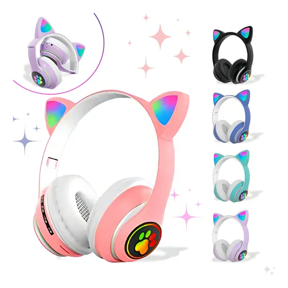 Fone De Ouvido Gatinho Bluetooth Sem Fio Luz Led Bt Infantil Cor Rosa 2