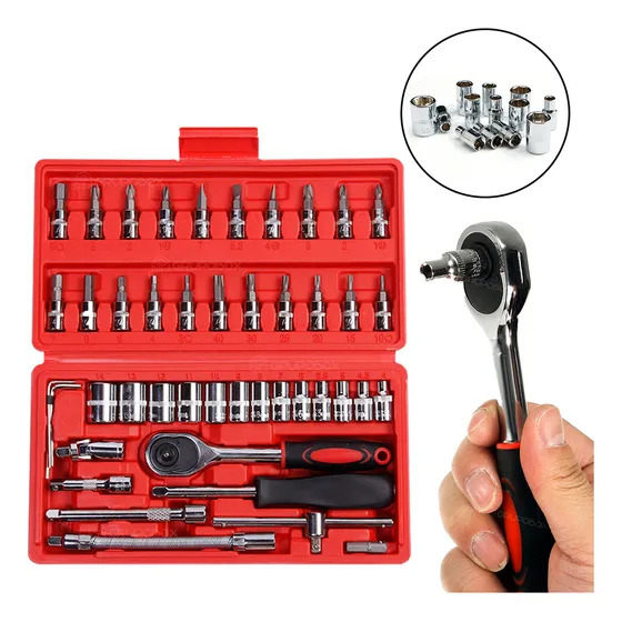 Kit ferramenta completo catraca 46 chaves allen fenda torx soquete com extensores crv bits 1/4 cor vermelho