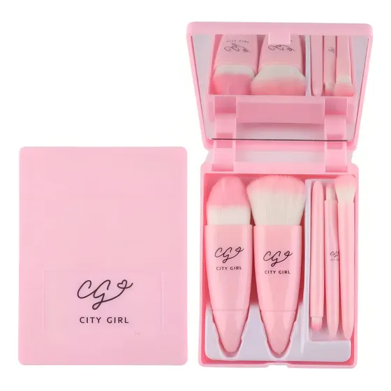 Brochas y pinceles City Girls Sintético de maquillaje estuche con espejo color rosa chicle
