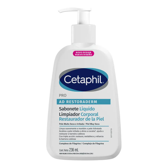 Frasco de sabonete líquido Cetaphil Pro AD Restoraderm de 236ml com válvula pump, rótulo branco e azul com informações sobre restauração da barreira cutânea.