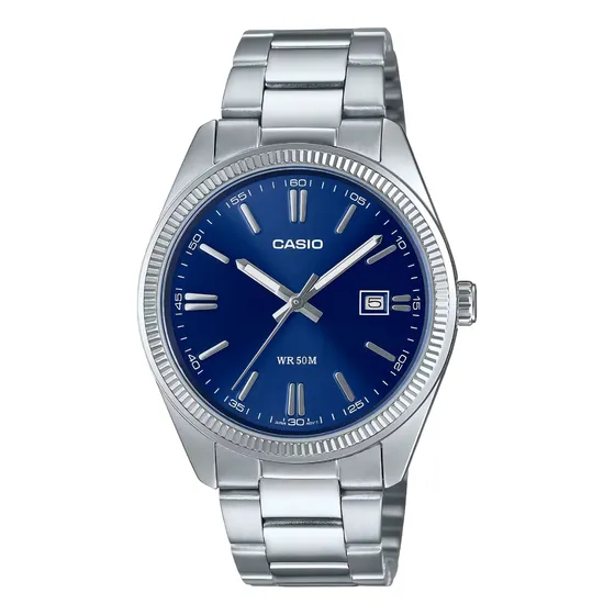 Reloj Casio Analógico Mtp-1302d-2av Sin Genero Correa Plateado Bisel Plateado Fondo Azul Marino