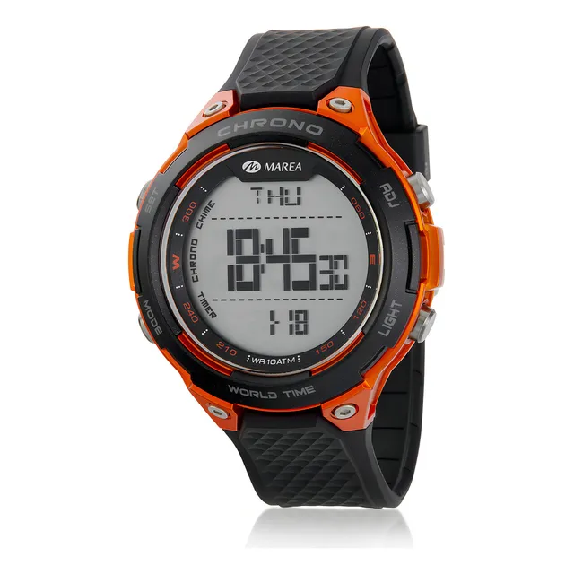 Reloj Digital Marea Watch B44107 Deportivo Sumergible Correa Negro Bisel Naranja Fondo Gris
