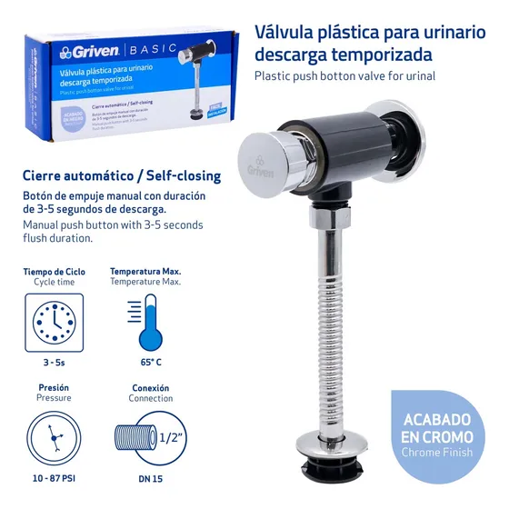 Fluxometro Valvula Plastic Push Botton Urinario Griven Basic