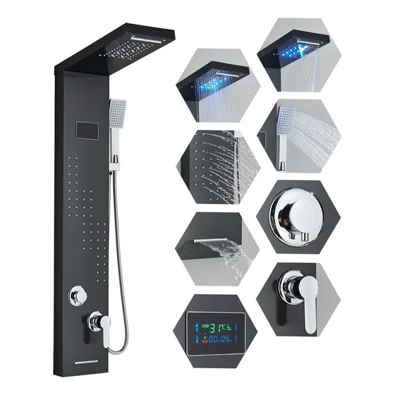 Panel de ducha led negro mate con pantalla digital y columna Senlesen 99D-HFT8012